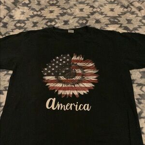 Black T-Shirt with American Flag Sunflower Design